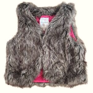 Aeropostale Y2K Faux Fur Vest Size Large Brown Grey w/ Pink Lined Hook Closure